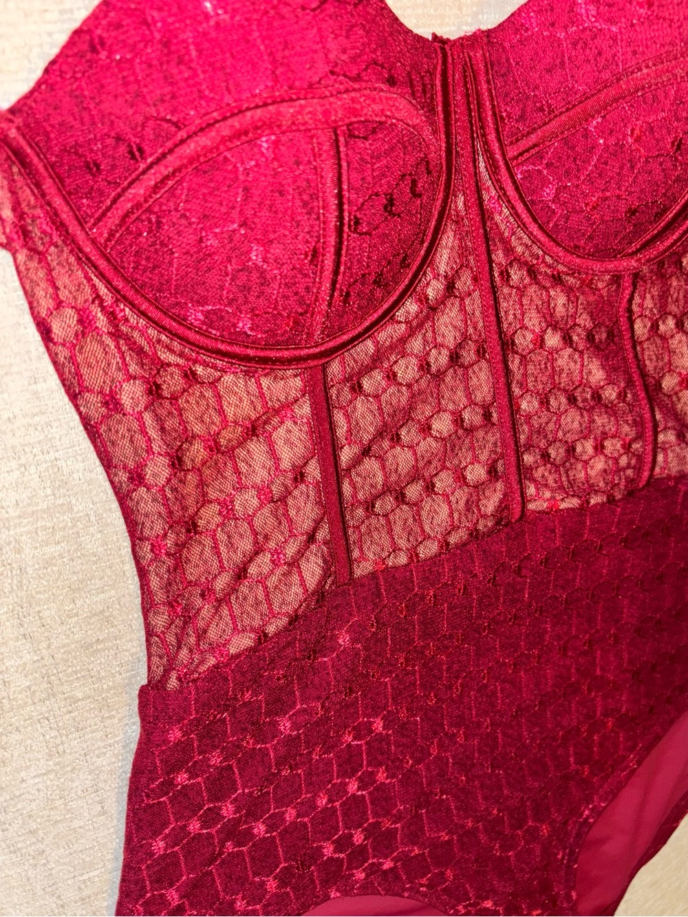 LM Agnese Romantic Burgundy Lace One Piece Bathing Swimsuit Underwire Lingerie - Picture 5 of 10